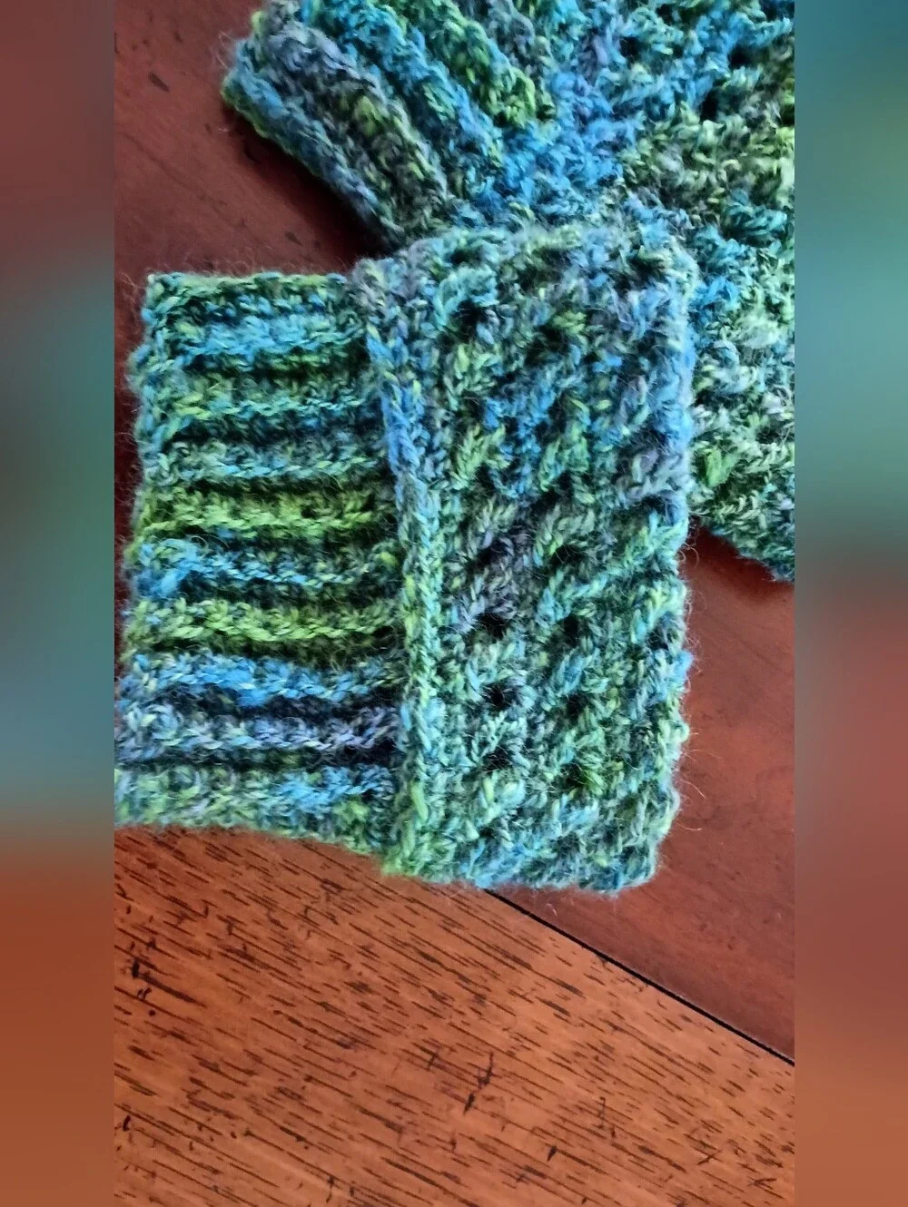Artisan made Crochet Homespun Wool Green Blue Cuffs